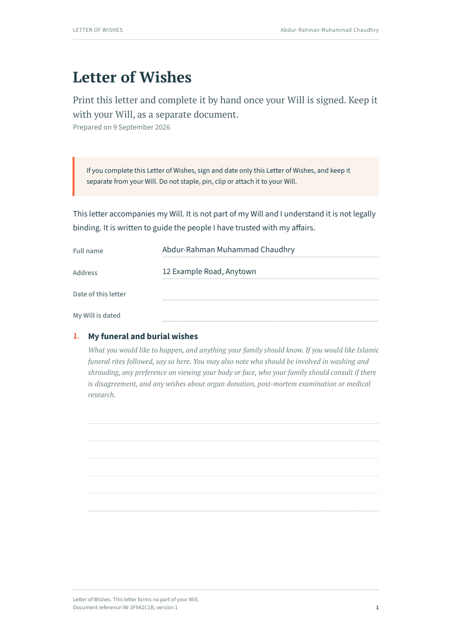 Sample Letter of Wishes, first page