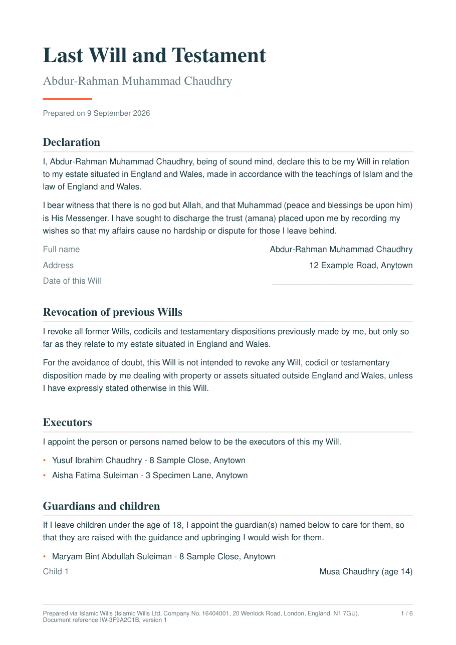 Sample Islamic Will, first page
